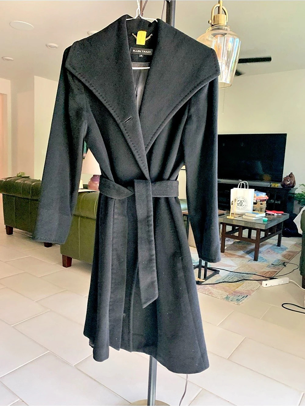 Ellen Tracy Black Belted Trench Coat Size 6